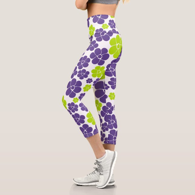 Flower Pattern in Lime Green and Purple Capri Leggings (Left)
