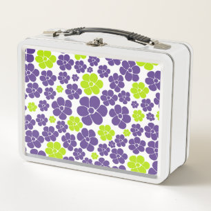 Flower Pattern in Lime Green and Purple Metal Lunch Box