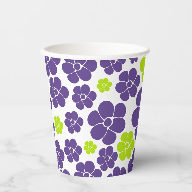Flower Pattern in Lime Green and Purple Paper Cups (Front)