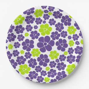 Flower Pattern in Lime Green and Purple Paper Plate