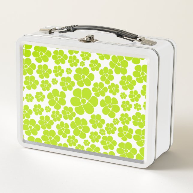 Flower Pattern in Lime Green and White  Metal Lunch Box (Front)