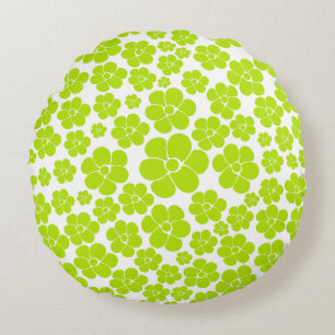 Flower Pattern in Lime Green and White Round Cushion