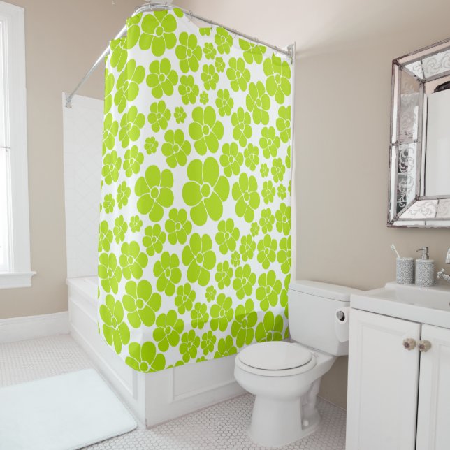 Flower Pattern in Lime Green and White  Shower Curtain (In Situ)