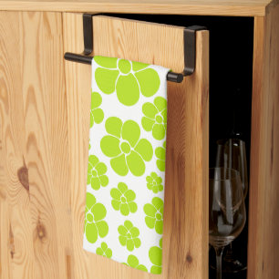 Flower Pattern in Lime Green and White  Tea Towel