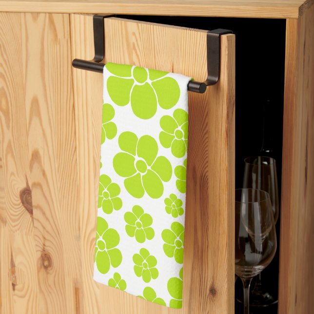 Flower Pattern in Lime Green and White  Tea Towel (Thirds Fold)