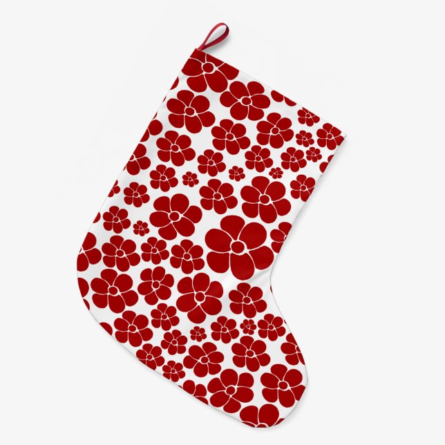 Flower Pattern in Red and White Large Christmas Stocking (Front (Hanging))