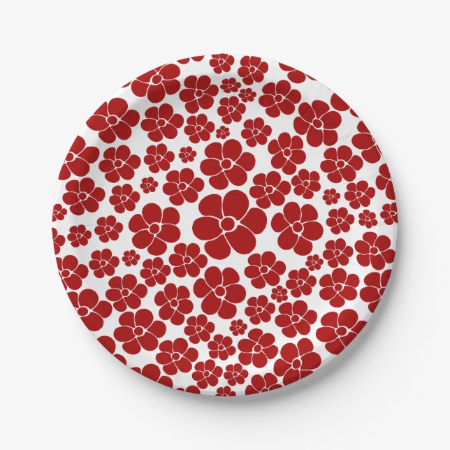 Flower Pattern in Red and White Paper Plate (Front)