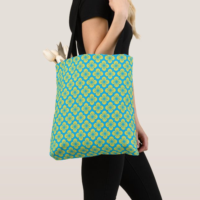 Flower Pattern in Yellow and Turquoise Tote Bag (Close Up)