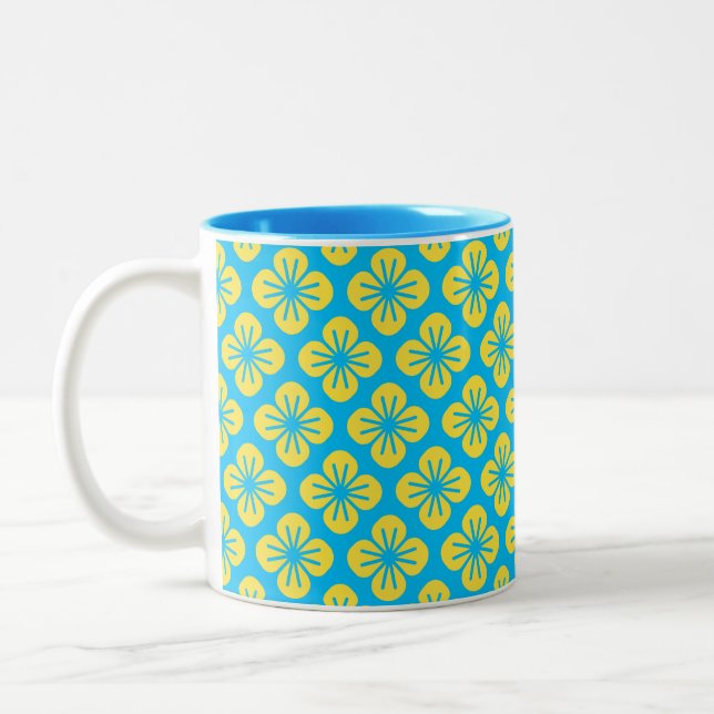 Flower Pattern in Yellow and Turquoise Two-Tone Coffee Mug (Left)