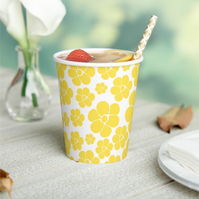 Flower Pattern - Lemon Yellow and White Paper Cups (Insitu)