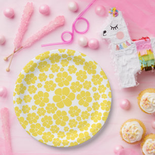 Flower Pattern - Lemon Yellow and White Paper Plate