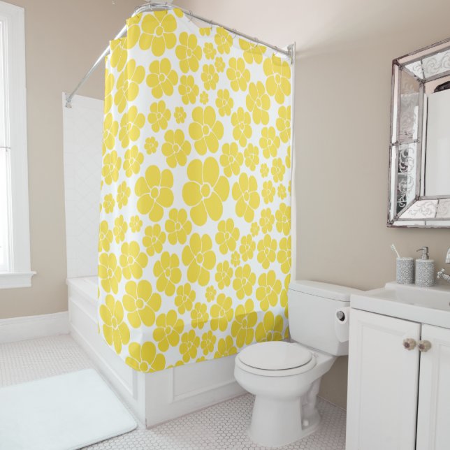 Flower Pattern - Lemon Yellow and White Shower Curtain (In Situ)
