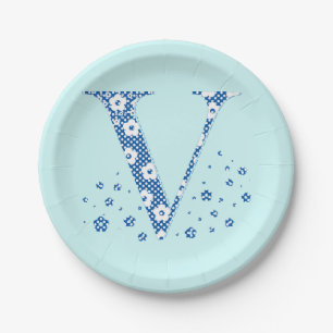 Flower Pattern Letter V(blue) Paper Plate