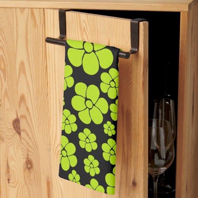 Flower Pattern - Lime Green Tea Towel (Thirds Fold)