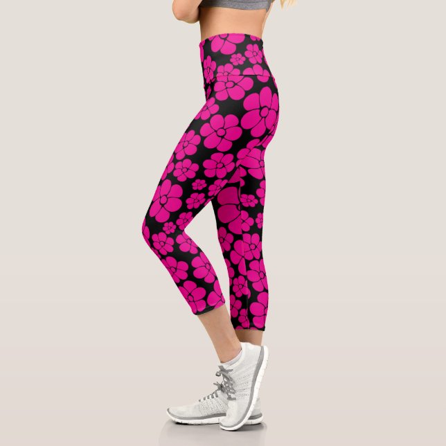 Flower Pattern - Magenta and Black  Capri Leggings (Left)