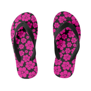 Flower Pattern - Magenta and Black  Kid's Jandals