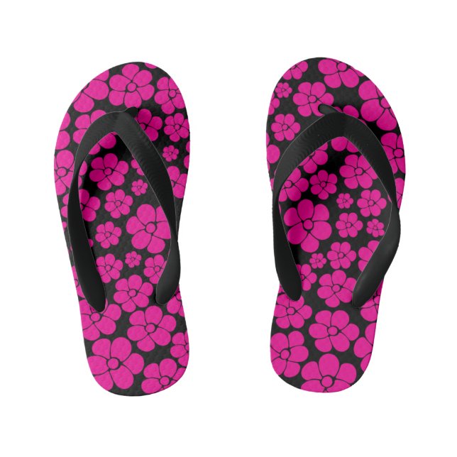 Flower Pattern - Magenta and Black  Kid's Jandals (Footbed)