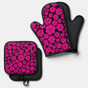 Flower Pattern - Magenta and Black Oven Mitt & Pot Holder Set