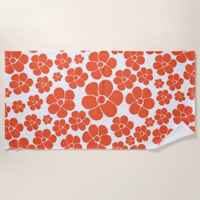 Flower Pattern - Orange and White Beach Towel (Front)