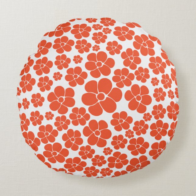 Flower Pattern - Orange and White Round Cushion (Front)