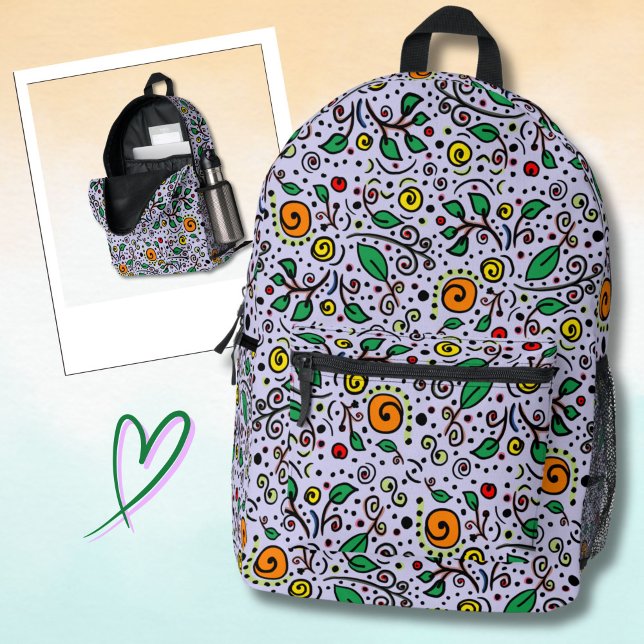 Flower Pattern orange Swirl Berry on Lilac -  Printed Backpack (Creator Uploaded)