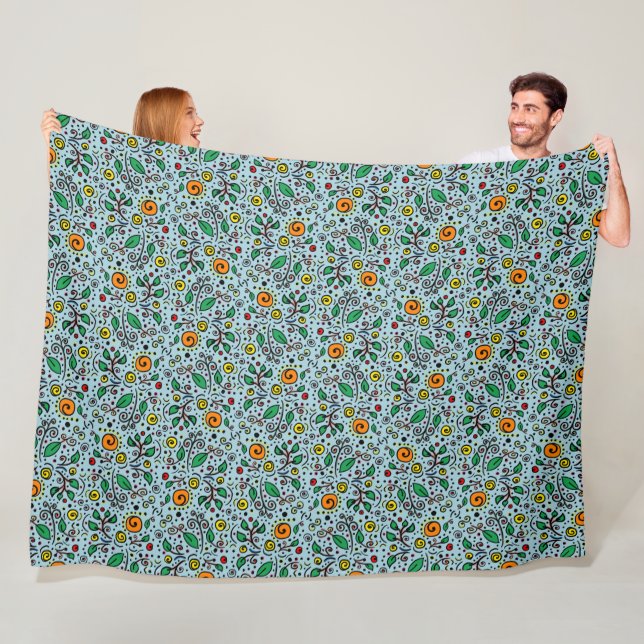 Flower Pattern orange Swirl Berry on Teal -  Fleece Blanket (In Situ)