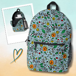 Flower Pattern orange Swirl Berry on Teal -  Printed Backpack