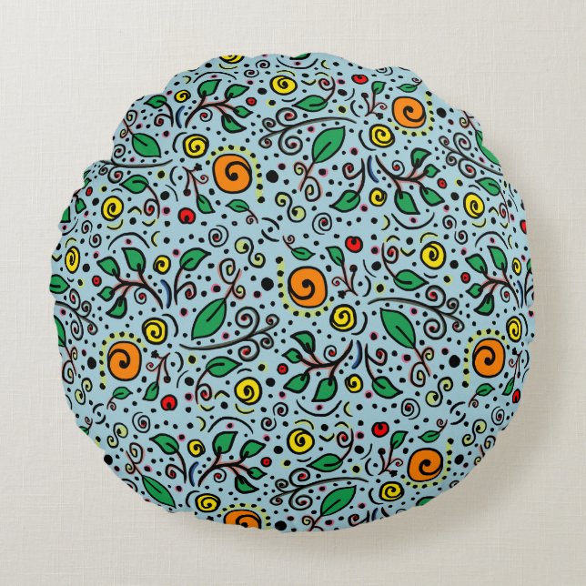 Flower Pattern orange Swirl Berry on Teal -  Round Cushion (Front)