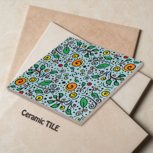 Flower Pattern orange Swirl Berry on Teal - Tile