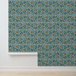 Flower Pattern orange Swirl Berry on Teal -  Wallpaper