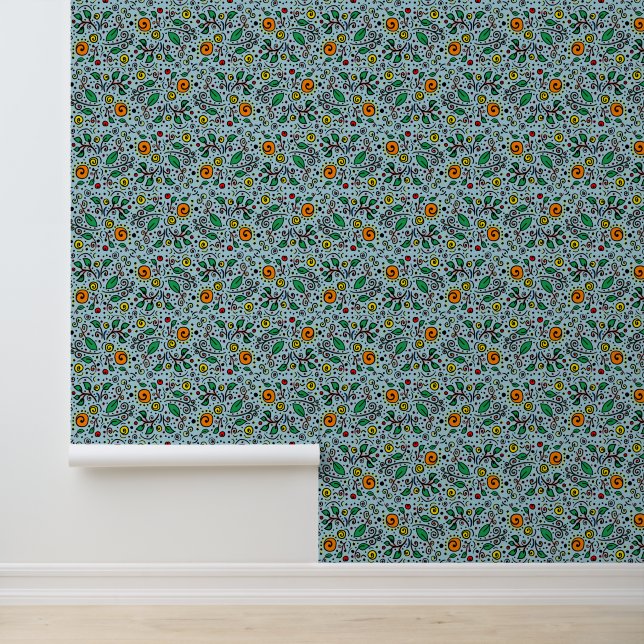 Flower Pattern orange Swirl Berry on Teal -  Wallpaper (Application)