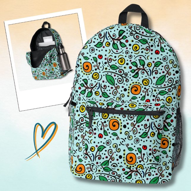 Flower Pattern orange Swirl Berry on Turquoise -  Printed Backpack (Creator Uploaded)