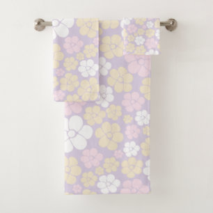 Flower Pattern - Pastel Pink, Yellow and Purple Bath Towel Set