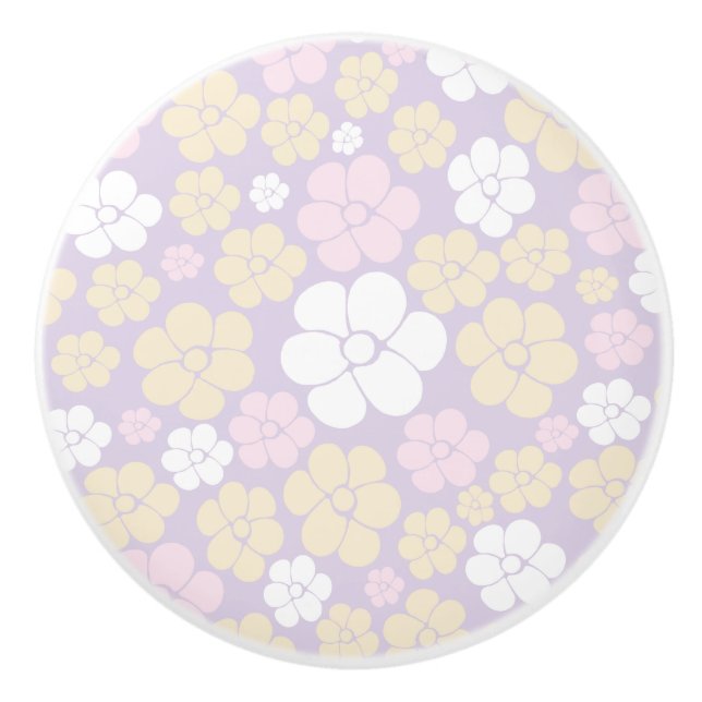 Flower Pattern - Pastel Pink, Yellow and Purple Ceramic Knob (Front)