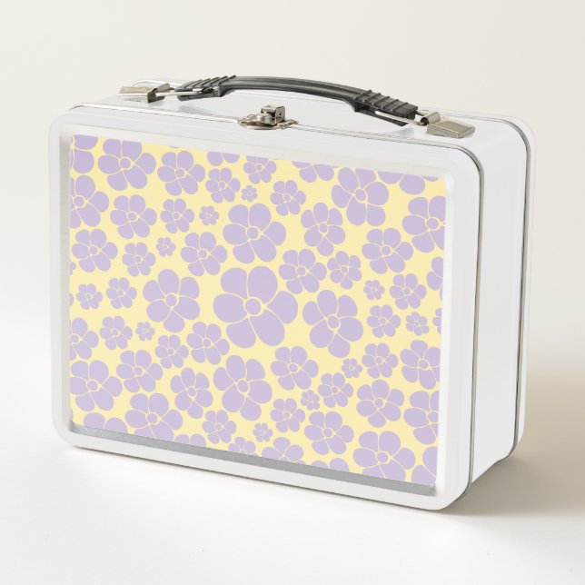 Flower Pattern - Pastel Yellow and Purple Metal Lunch Box (Front)