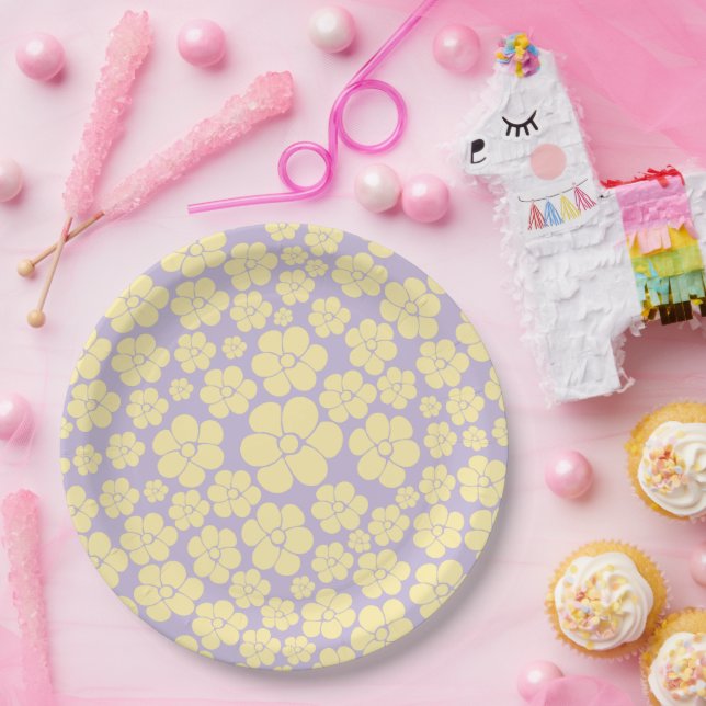 Flower Pattern - Pastel Yellow and Purple Paper Plate (Party)