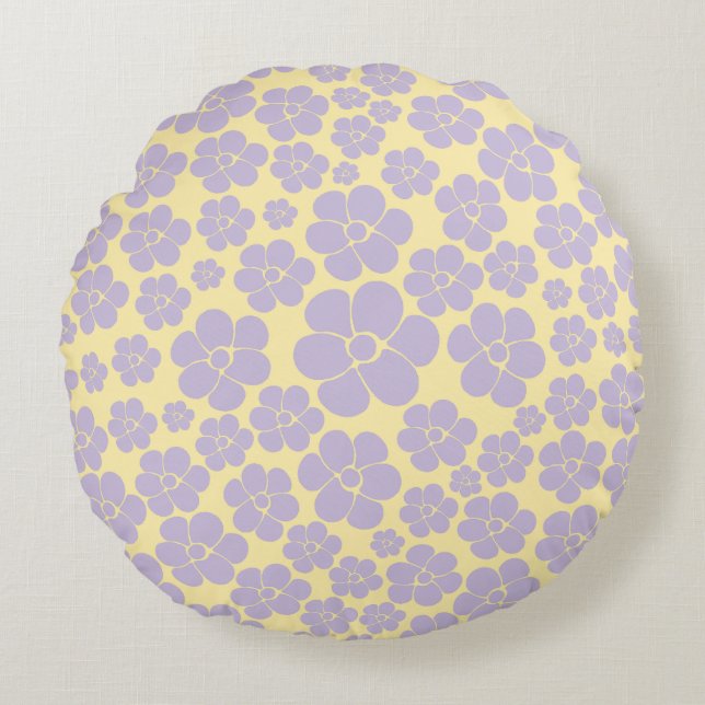 Flower Pattern - Pastel Yellow and Purple Round Cushion (Front)