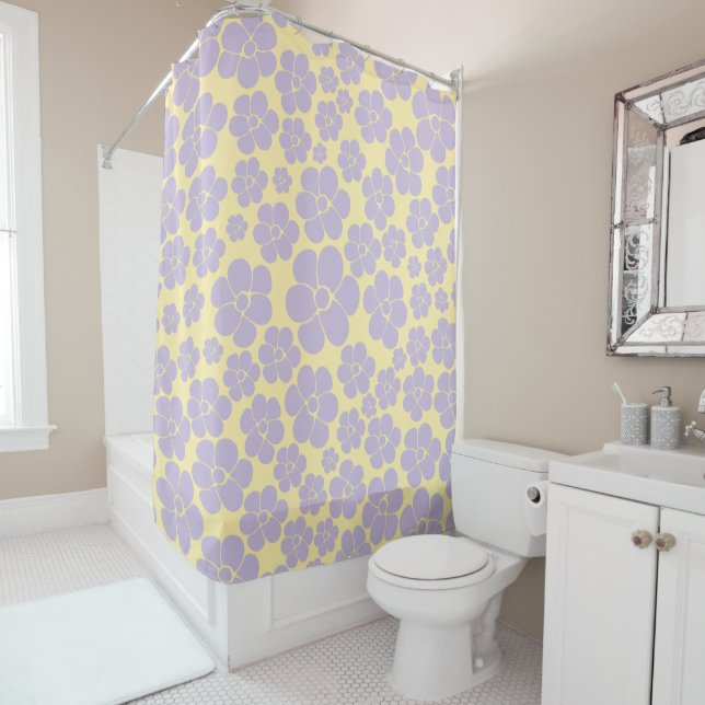 Flower Pattern - Pastel Yellow and Purple Shower Curtain (In Situ)