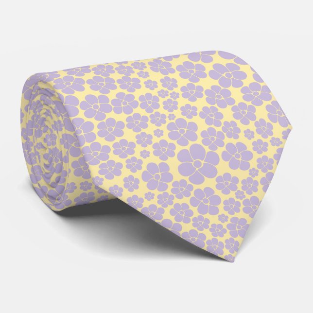 Flower Pattern - Pastel Yellow and Purple  Tie (Rolled)