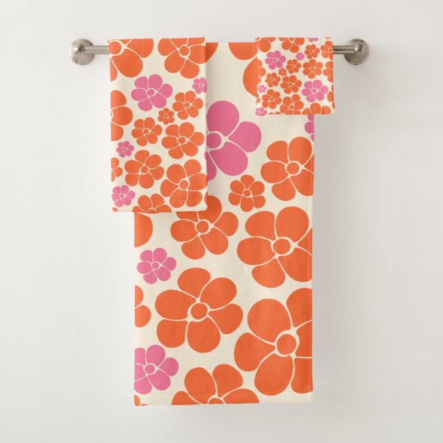 Flower Pattern - Pink, Orange and Cream Bath Towel Set (Insitu)