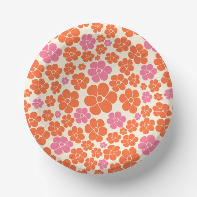 Flower Pattern - Pink, Orange and Cream Paper Plate (Front)