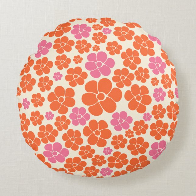 Flower Pattern - Pink, Orange and Cream Round Cushion (Front)