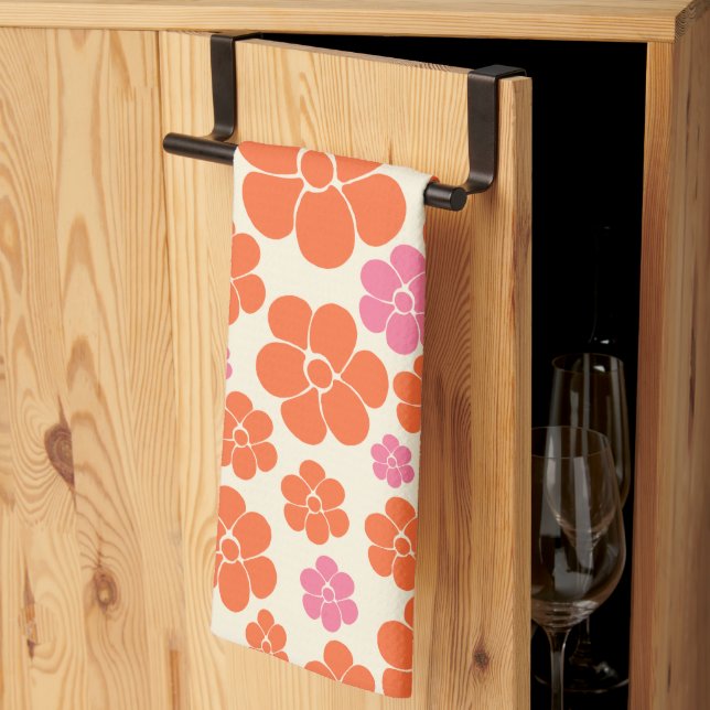 Flower Pattern - Pink, Orange and Cream Tea Towel (Thirds Fold)