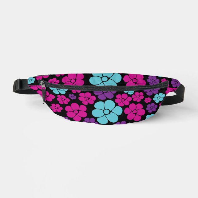 Flower Pattern - Pink, Purple, Blue and Black Bum Bags (Front)