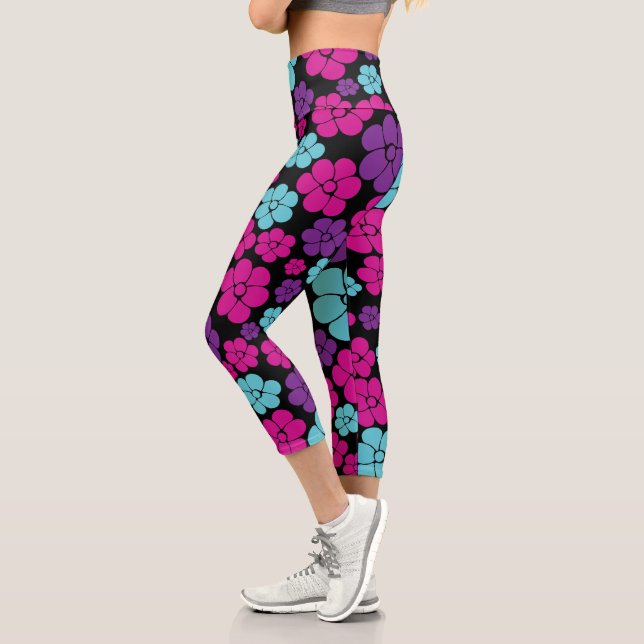 Flower Pattern - Pink, Purple, Blue and Black Capri Leggings (Left)