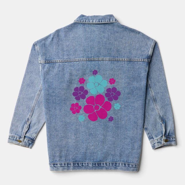Flower Pattern - Pink, Purple, Blue and Black Denim Jacket (Back)