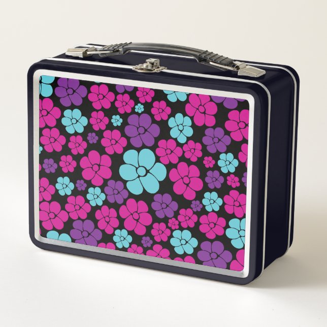 Flower Pattern - Pink, Purple, Blue and Black Metal Lunch Box (Front)