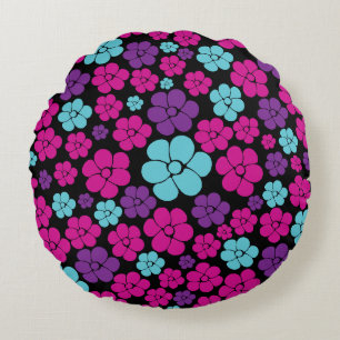 Flower Pattern - Pink, Purple, Blue and Black Round Cushion
