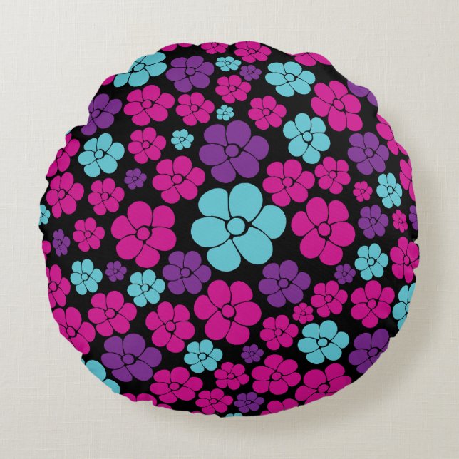 Flower Pattern - Pink, Purple, Blue and Black Round Cushion (Front)