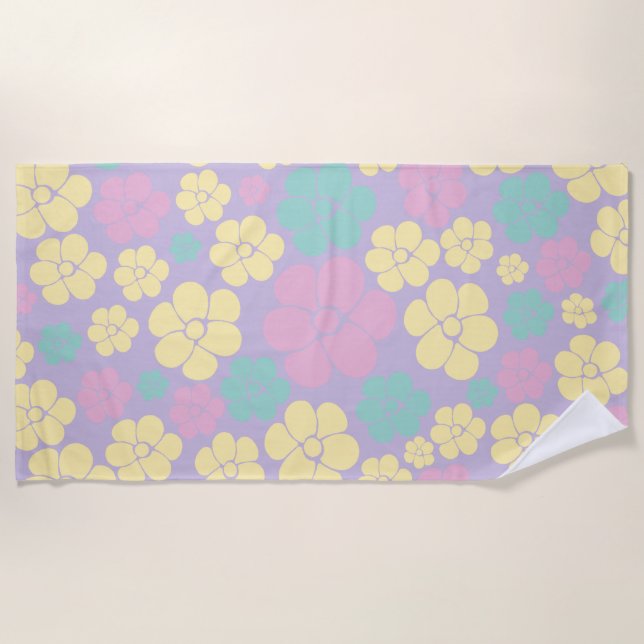 Flower Pattern - Pink, Yellow, Purple and Green Beach Towel (Front)